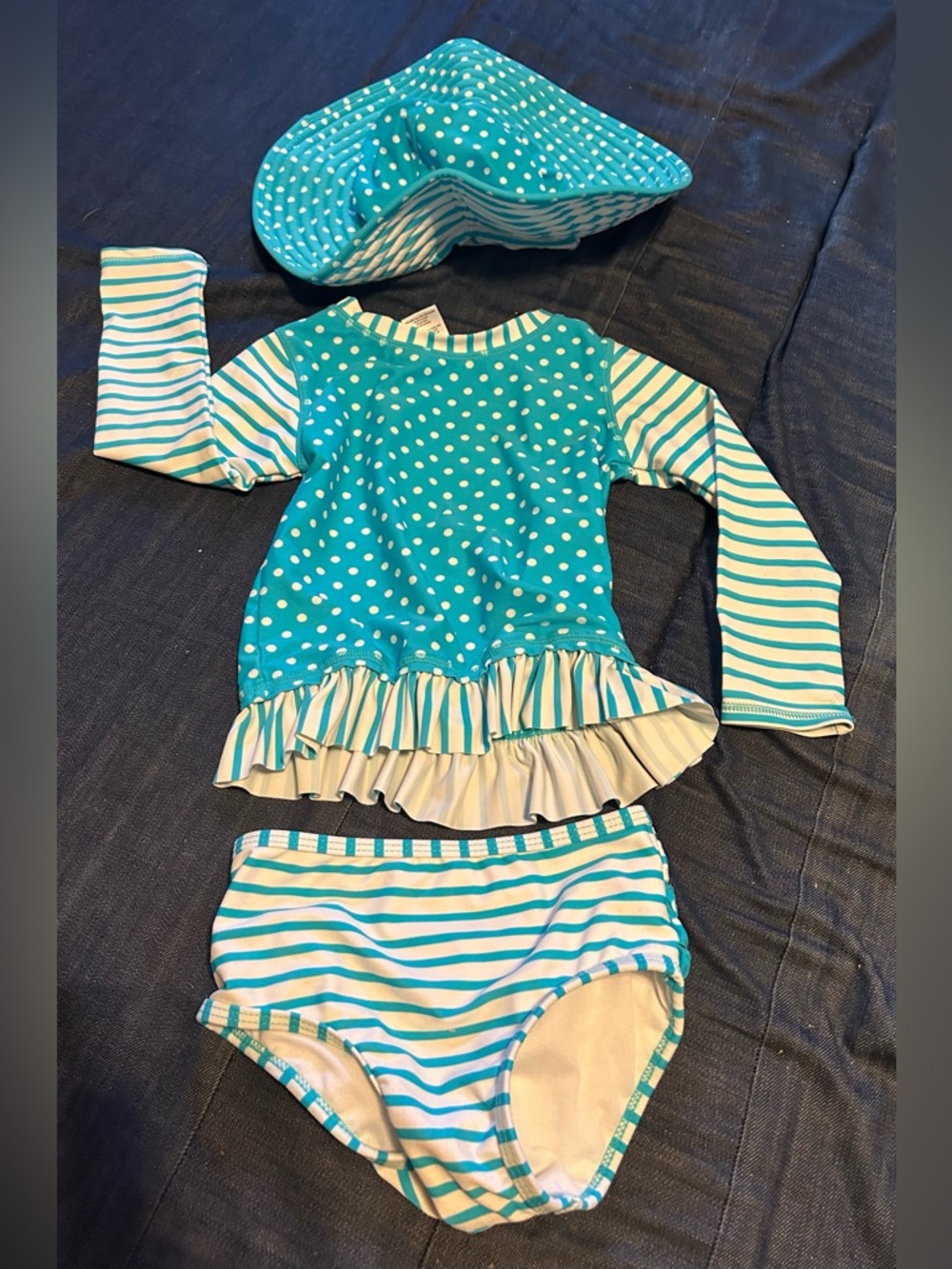 Toddler 3t Teal Polka Dot & Stripe Swim Set with Sun Hat
